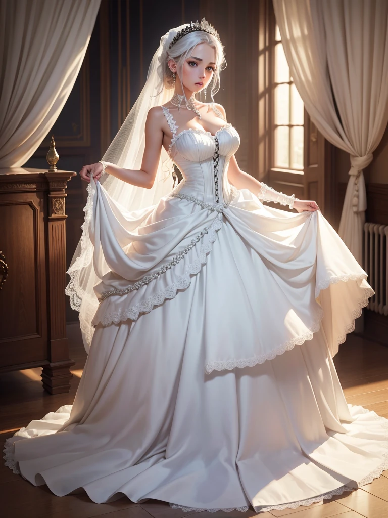 Bride, wedding dress, long dress, beautiful dress, victorian dress, dress with ribbons and bowes, high heels, blushing, teasing, blue eyes, white hair, sleeveless, stockings, earrings, neckless, ring, running, windy, long flowy hair, breasts, 1girl, Solo, High Resolution, masterpiece, lace, dress lift, luxurious bedroom, bed, kneeling