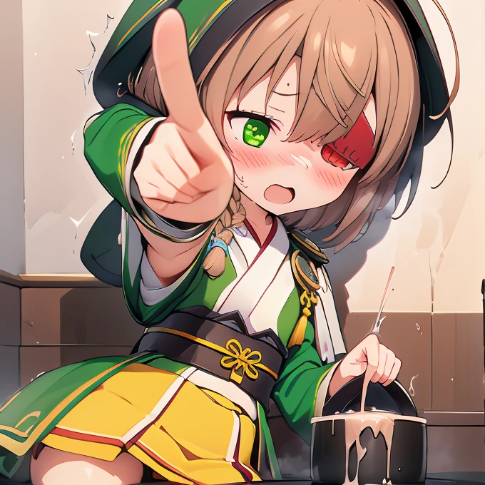 1girl,(Ikigao, Flushed face、orgasm、Ecstasy face,open mouse and drooing, blush),  yamamoto kansuke, light brown hair, short hair, single braid, hair over one eye, ahoge, eyepatch, green eyes
