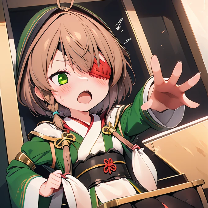 1girl,(Ikigao, Flushed face、orgasm、Ecstasy face,open mouse and drooing, blush),  yamamoto kansuke, light brown hair, short hair, single braid, hair over one eye, ahoge, eyepatch, green eyes
