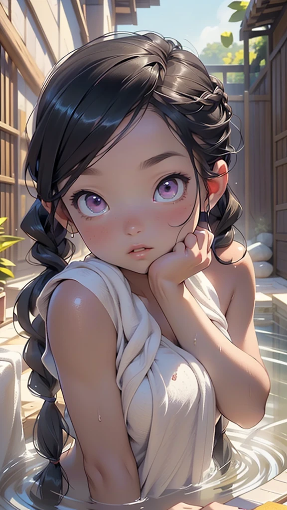 geisha girl from ancient Egypt,1girl,geisha,
(large breasts:1.4),((((long twin braids,tight braids,long braid,braided hair,long hime cut,dark hair,black hair,colored inner hair)))),(((purple_eyes:1.3))),intricate eyes,beautiful detailed eyes,symmetrical eyes,((((lustrous skin:1.5,tanned skin,bright skin: 1.5,skin tanned,shiny skin,very shiny skin,shiny body,Reflective skin)))),(spider lower abdomen,narrow waist,wide hip,athletic body,inflated legs,thick thighs,(detailed face)),beautiful detailed lips,
cute,slutty,sensual,seductive look,seductive,((erotic)),opulent,sumptuous,((nsfw)),
((wrapped in a tiny bath towel around the body)), (wet hair, wet skin) and (steam),(((naked under the towel))),
(flirtatious pose:1.3), looking at viewer,embarrassed,centered,scale to fit dimensions,Rule of thirds,
outdoor bath,hot onsen,onsen pond,rock bath,full moon,mountains in the background,stream,The hot spring is steaming,night time,scenery,extremely scenery,
(Glossy asian ornaments),highres,sharp focus,(ultra detailed,extremely detailed),(photorealistic artwork:1.37),(extremely detailed CG unity 8k wallpaper),(((vibrant colors,vibrant theme))),(intricate),(masterpiece),(best quality),artistic photography,(photography taken by sldr),(intricate background),perfect rendered face,perfect face details,realistic face,photo realistic,((intricate detail)),(((realism))),