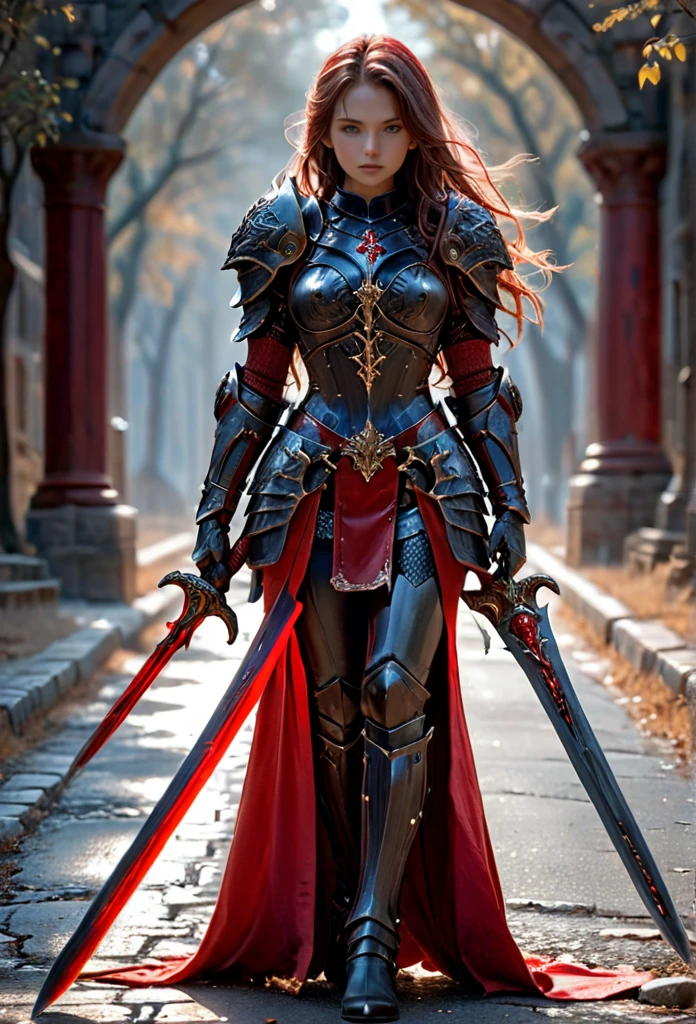 amazing quality, masterpiece, Best Quality, hyper detailed, ultra detailed, HD, perfect anatomy, perfect body,Perfect eyes,perfect face,
Model, elegant pose, wearing fantastic armor, red full body armor, holding a large shining sword, track, Stone Road, soft tones, black fur, hand up, beautiful girl HKStyle,
extremely detailed,