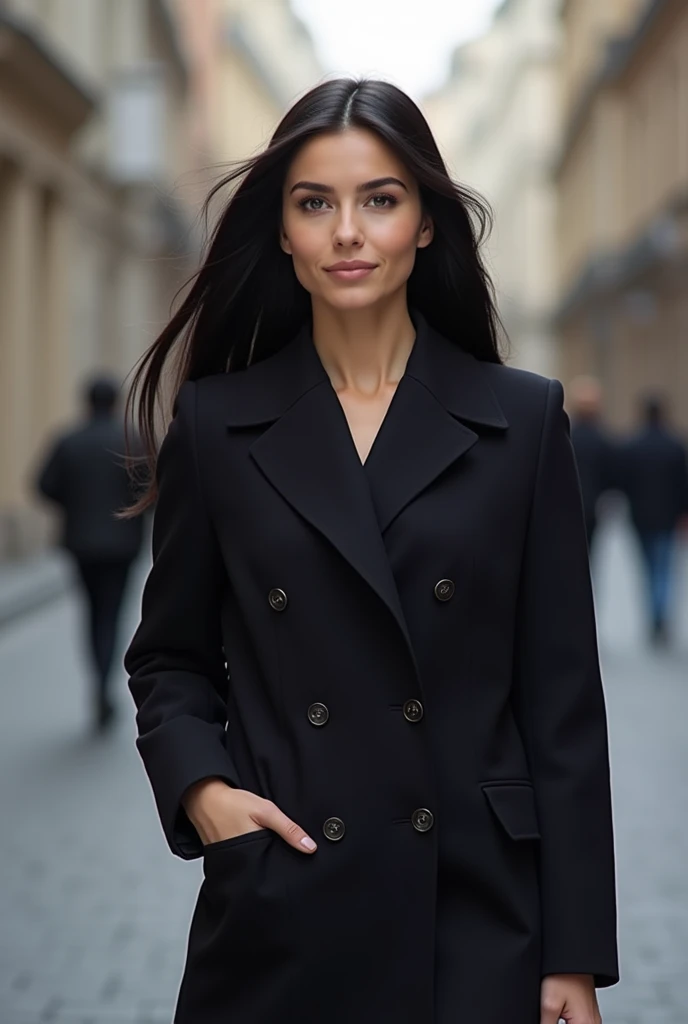 Create an image of an Eastern European woman in her late 20s. She has long, sleek black hair styled neatly. She is walking on the streets of europe. The overall atmosphere should convey professionalism, expertise, and approachability, making the content easy to understand for beginners.