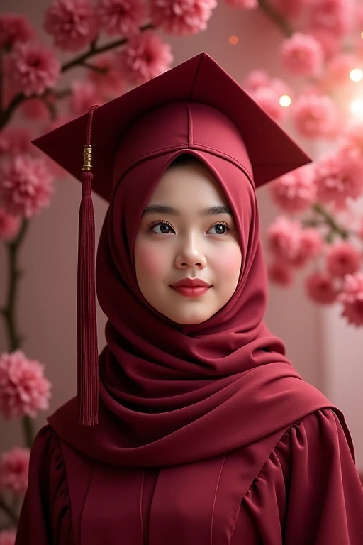 Consept art, fan art photography, A ,wearing hijab, wearing black graduation hat, in maroon graduation gown, maroon color theme background, kawai theme background, maroon light effect background, flowery effect background, cute design, bright results