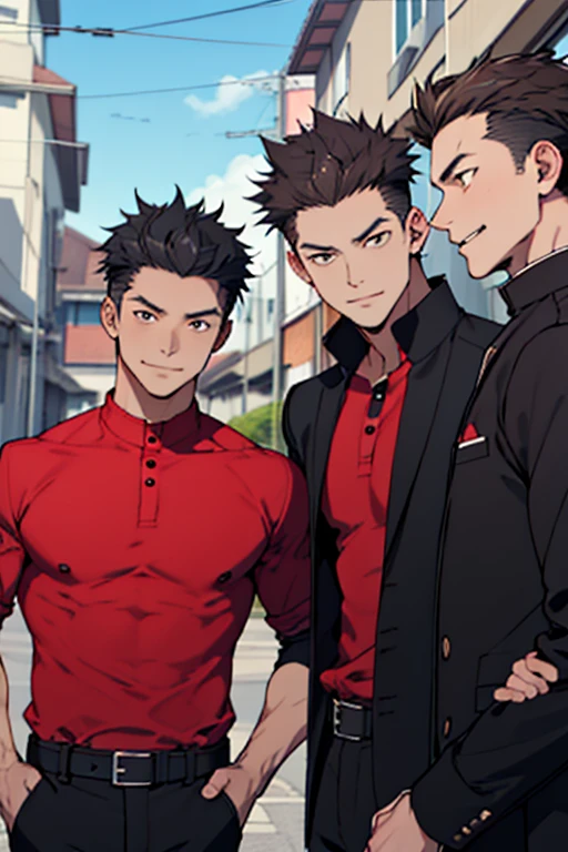 3 guys, With 3 people, Iris, Point pupils, Black Hair、Brown Hair, Black Hair、short hair, gakuran, Black jacket,Red Shirt、Black Belt, Black trousers, bad、Outside school、男With 3 peopleベンチに座る、smile、,　Upper Body