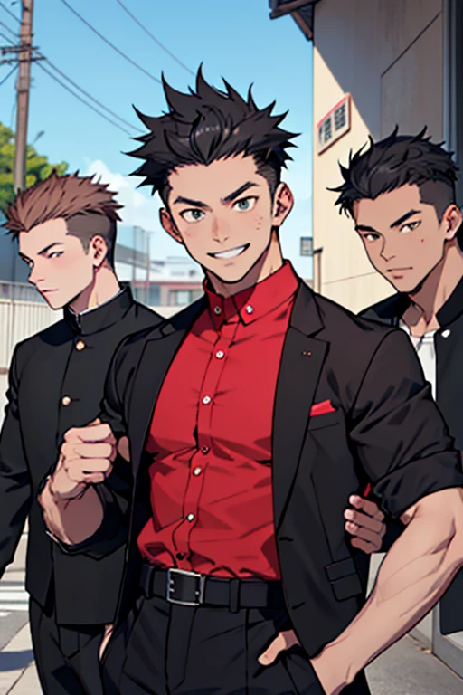 3 guys, With 3 people, Iris, Point pupils, Black Hair、Brown Hair, Black Hair、short hair, gakuran, Black jacket,Red Shirt、Black Belt, Black trousers, bad、Outside school、男With 3 peopleベンチに座る、smile、,　Upper Body