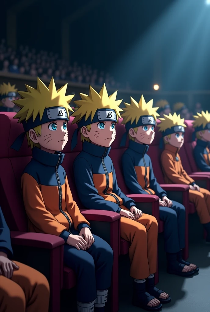 Create an image of  19 Naruto sitting together in theater from side view 