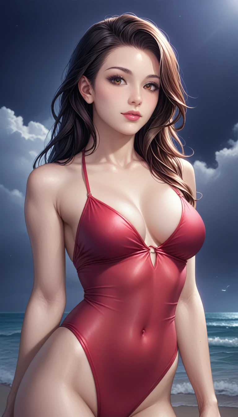 score_9, score_8_superior, score_7_superior, High-resolution CG illustration,A masterpiece in 32K resolution,Highest quality,it is really amazing,Very detailed,Ultra-high resolution,Ultra-realistic,Realistic,Increased depth of field,Cinematic lighting,
Sexy mature Japan woman,
Straight long hair with black hair,Ultra-detailed and beautiful face,Calm and gentle look,Beautiful brown eyes,Translucent white skin,Realistic skin texture,Great proportions,
Elegant red swimsuit,
Simple design,Chic color scheme based on red,Detailed fabric texture,
(Dark overcast sky on a dull night:1.1),(Dark clouds filling the sky:1.1),Thundercloud,Coastline at night,Stormy seas,delay々A desolate sandy beach that continues,
A beautiful, well-shaped bottom,Cinematic,