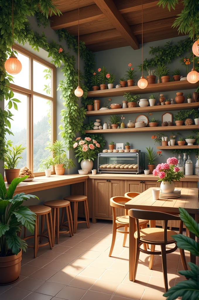 design a cafe shop . the name “flower harmony cafe” is interesting
