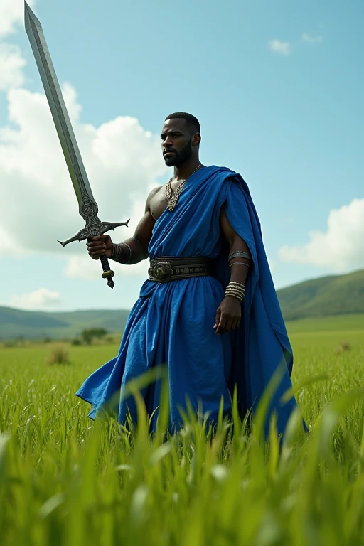 Orisha Black Man, warrior, shorth hair, blue clothing, holding a raised medieval sword in hand, in a green field.
