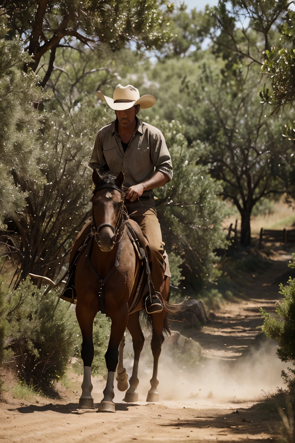 Now the horse is moving forward, with both front legs moving, and the cowboy leans slightly to keep pace. The cowboy's hat casts a shadow over his face, giving it an air of mystery. The vegetation around begins to show more detail, with small bushes and dry grass swaying in the wind. Sunlight illuminates the scene, creating a dramatic effect of shadows and light.