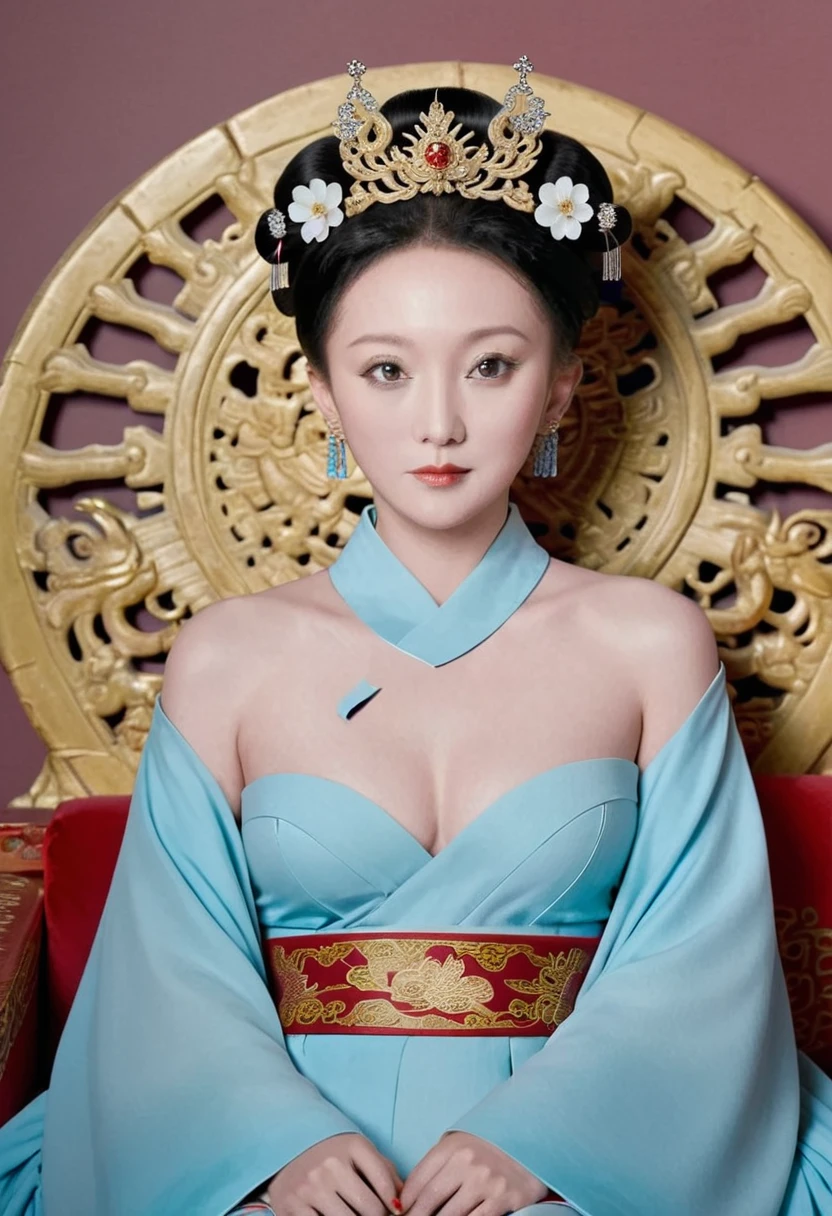 From the pre-Qing period, The Empress is naked on the gold sofa in the palace, Her eyes are wide open, Her legs were spread, big naked breasts. At the Chinese court during the Qing Dynasty, Empress of the Qing Dynasty, Empress of China, Wearing a large crown, Belly and thighs visible from below.。She is completely naked, Showing off gorgeous large flowers and hairpins, She tied her hair up and pulled it up, 背景はEmpress of the Qing Dynastyの豪華な宮殿.