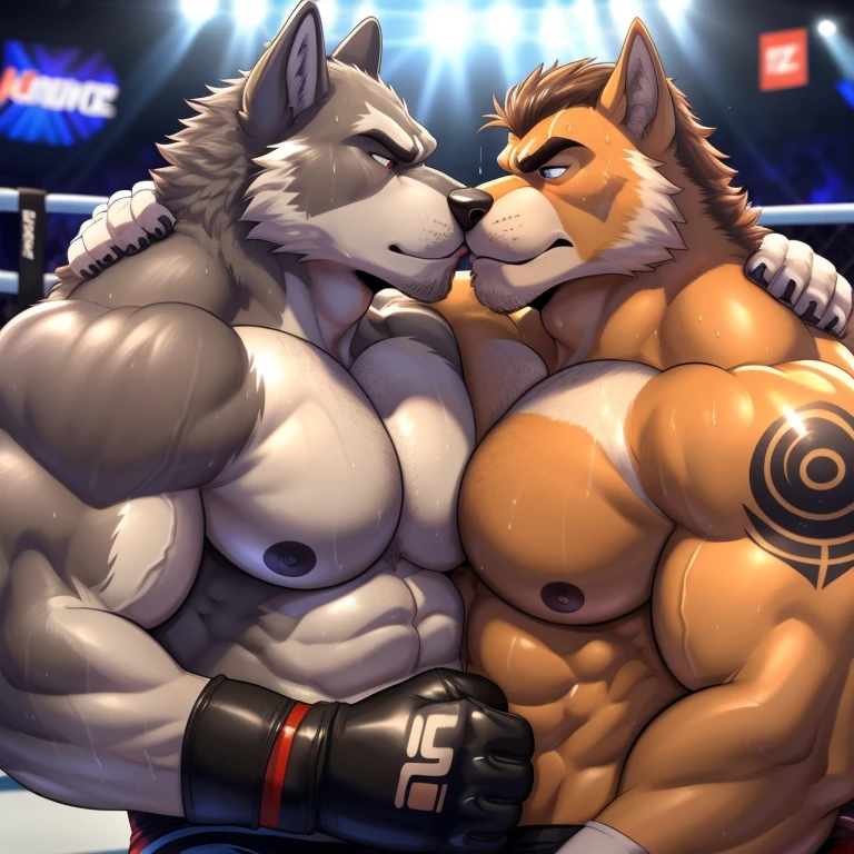 Duo male(Brown Wolf vs Gray Wolf), handsomes(handsome hairstyle, Thick eyebrows, detailed face), gay(Lying down, cuddling, body with body, wrestling at each other, face to face, kissing each other, on a UFC match), hot(Shirtless), handsomes(They are handsomes, correct anatomy), musculosos(Big muscle bodies, Six packs, muscle abs, big pecs), sweaty(very sweaty wet bodies, shiny sweat), tatuajes(they have tattoos), grumpy(Both have an grumpy expression, grumpy teeths, steaming breath), UFC gloves(They both are wearing UFC gloves), Hight resolution, by(Zourik:1.1)