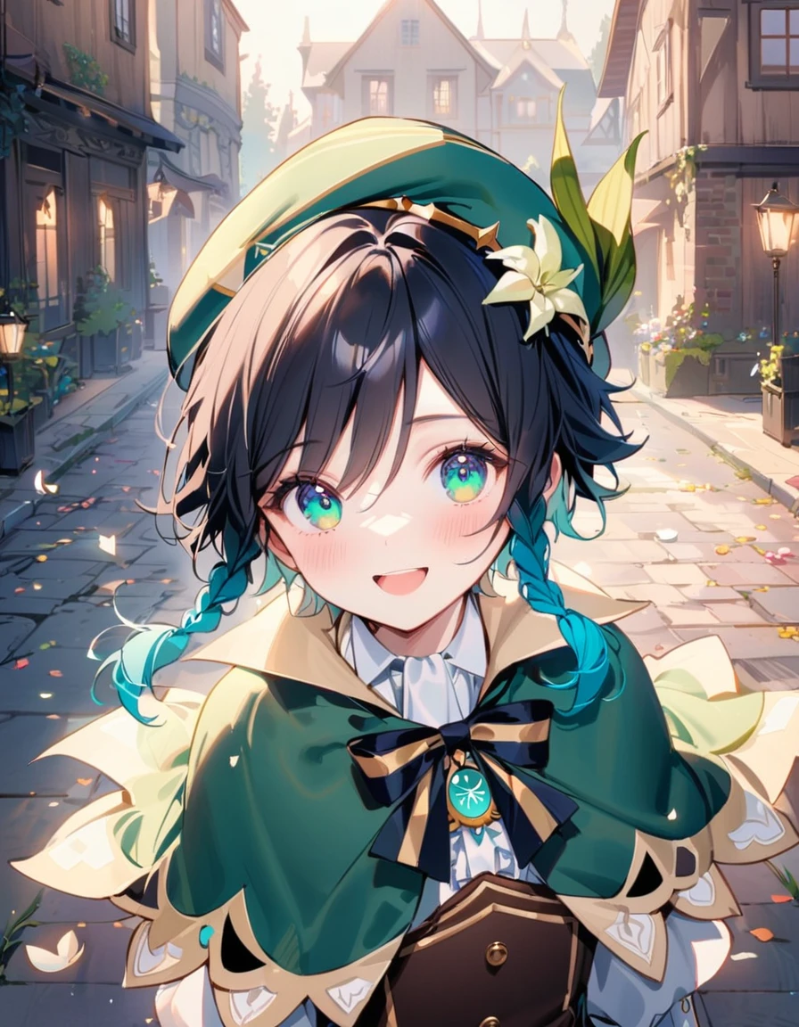 (best quality,4k,8k,highres,masterpiece:1.2),1boy,venti genshin impact,male focus,flat chest,ultra-detailed,realistic,(dsmile:0.5),morning of spring,delicate light rays,rich color palette,elegant curves,effects of light and shadow,flower petals falling,springtime essence,ethereal atmosphere,peaceful garden background,morning dew,soft sunlight filtering through trees,lush plants,komorebi,vividly colored blossoms,transcendent beauty,awe-inspiring artwork,white long-sleeved shirt, brown corset,green shorts, white tights,green cape,hat,brooch,green eyes,flirty smile,cinematic lighting, ray tracing, UHD, high details, high quality, award winning, super detail, 