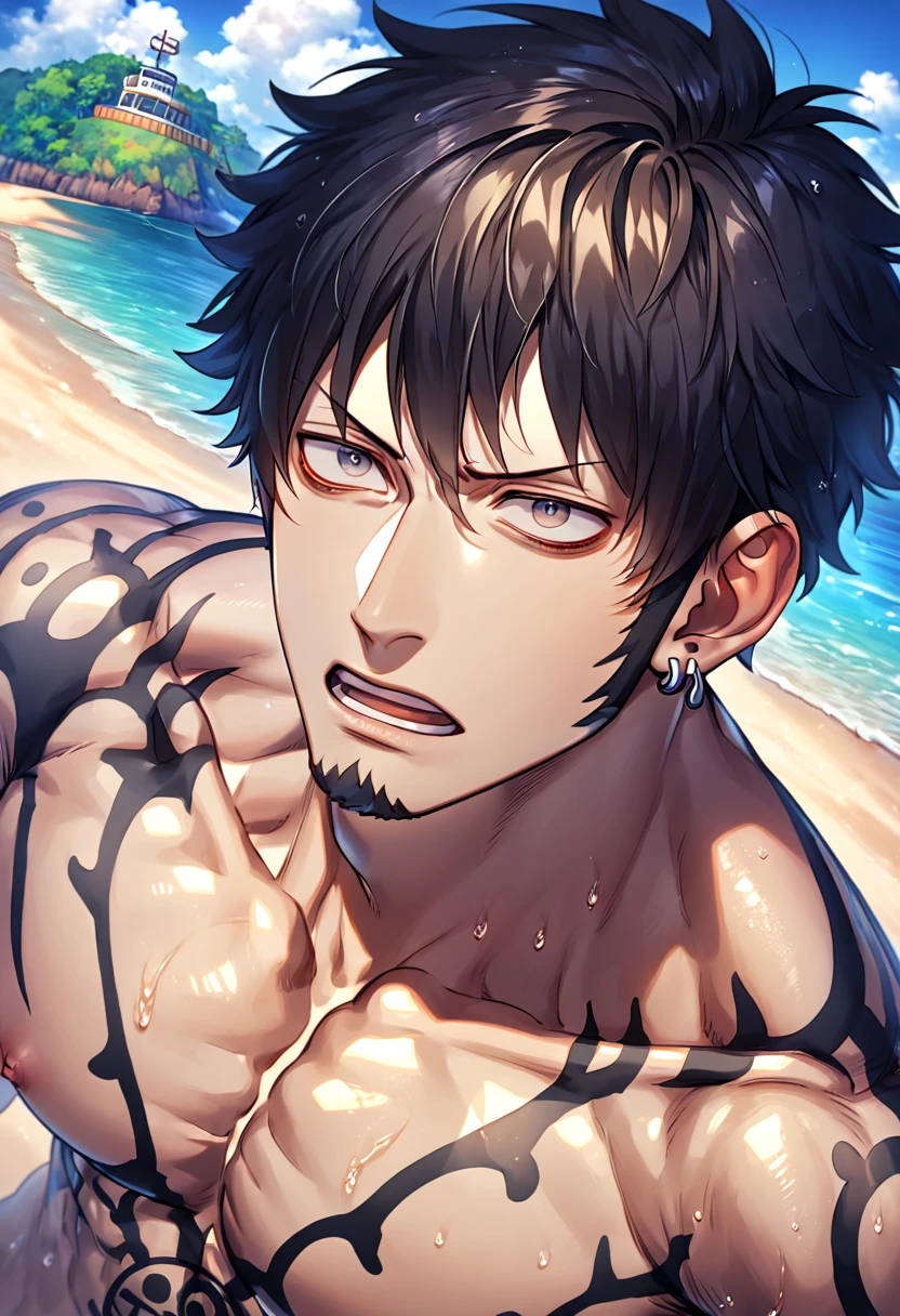 absurdres, highres, ultra detailed, HDR, master piece, best quality, extremely detailed, Tanaka Gundham, black hair, expressive red eyes, Danganronpa, solo, sexy man, handsome, sensual, toned chest, bare chest, horny, fantasy, island, sea, beach