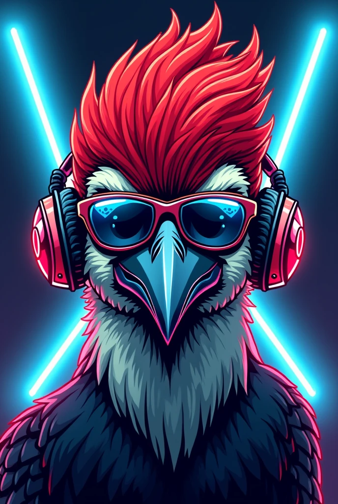 A pop art cartoon illustration of a woodpecker's face, wearing headphones and aviator sunglasses, with blue and red neon lights balance. The woodpecker's beak should be long and the feathers on the head should be symmetrical with the art