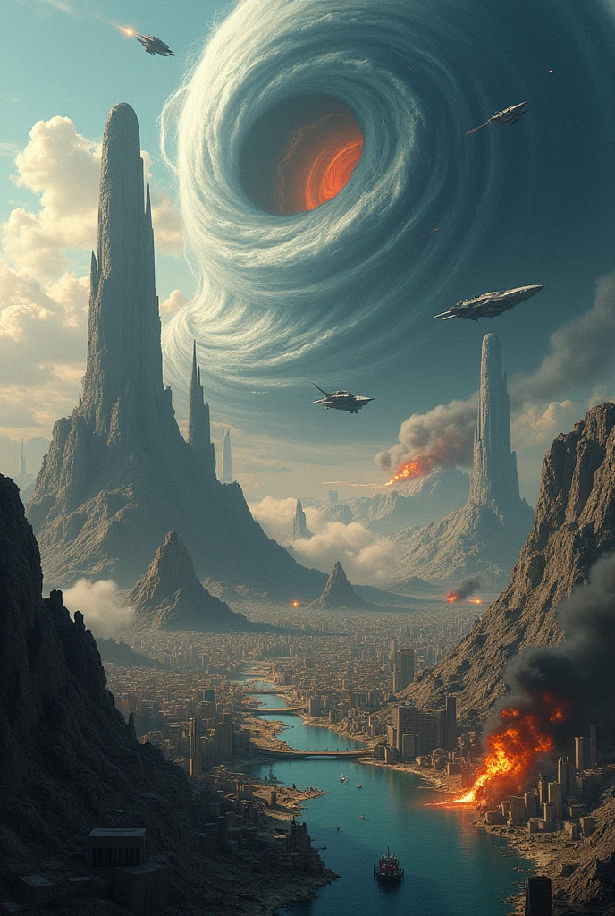 World map style with a war featuring giant monsters destroying the city with bombs and alien spaceships, a massive hurricane, a comet, and a man-eater.