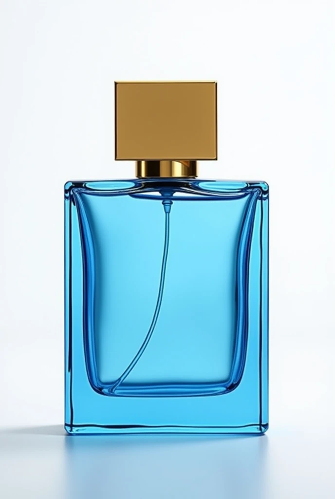 A beautiful perfume bottle in blue color without background rectangle shaped golden cap.