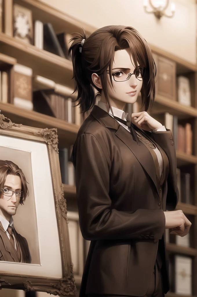 portrait of beautiful HangeAOT, 1girl, solo, brown_hair, glasses, eyepatch, Perfect brown silk suit , Masterpiece ,Background of a large library , realistic hands , Detailed realistic painting, hd, Brown and chestnut colors , White silk shirt, black tie, Messy ponytail, Perfect detailed body 