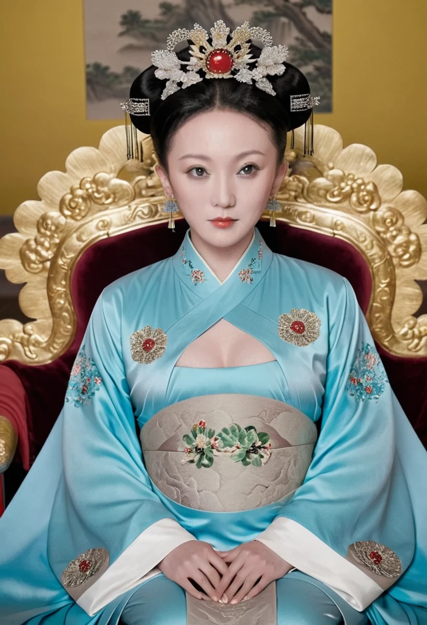 From the pre-Qing period, The Empress is naked on the gold sofa in the palace, Her eyes are wide open, Her legs were spread, big naked breasts. At the Chinese court during the Qing Dynasty, Empress of the Qing Dynasty, Empress of China, Wearing a large crown, Belly and thighs visible from below.。She is completely naked, Showing off gorgeous large flowers and hairpins, She tied her hair up and pulled it up, 背景はEmpress of the Qing Dynastyの豪華な宮殿.