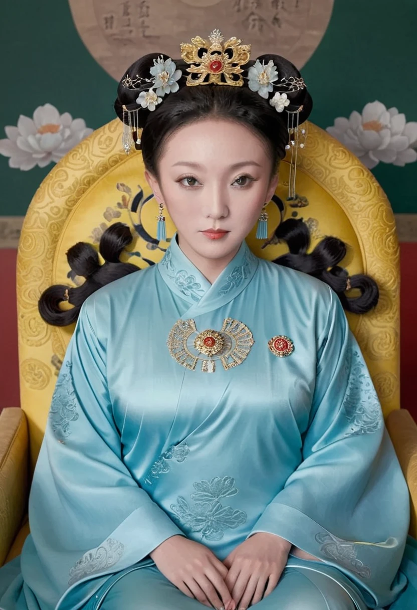 From the pre-Qing period, The Empress is naked on the gold sofa in the palace, Her eyes are wide open, Her legs were spread, big naked breasts. At the Chinese court during the Qing Dynasty, Empress of the Qing Dynasty, Empress of China, Wearing a large crown, Belly and thighs visible from below.。She is completely naked, Showing off gorgeous large flowers and hairpins, She tied her hair up and pulled it up, 背景はEmpress of the Qing Dynastyの豪華な宮殿.