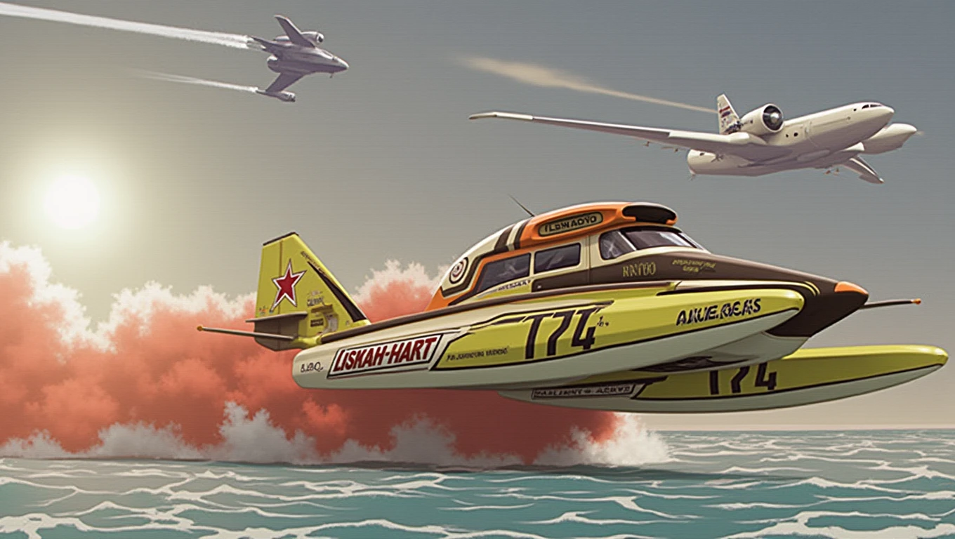 A hydroplane boat racing scene unfolds on the vast ocean, with the sun shining bright through a veil of white clouds. The camera captures the sleek hydroplane boat in mid-race, its propeller churning the turquoise water as it carves through the waves. A small aircraft soars overhead, leaving a contrail in its wake. The vehicle's speed and agility are on full display as it navigates the choppy waters, with foam-capped waves crashing against the hull. The ocean stretches out to the horizon, meeting the sky at a perfect line, with nary a human in sight.