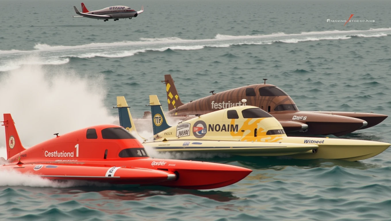 A hydroplane boat racing scene unfolds on the vast ocean, with the sun shining bright through a veil of white clouds. The camera captures the sleek hydroplane boat in mid-race, its propeller churning the turquoise water as it carves through the waves. A small aircraft soars overhead, leaving a contrail in its wake. The vehicle's speed and agility are on full display as it navigates the choppy waters, with foam-capped waves crashing against the hull. The ocean stretches out to the horizon, meeting the sky at a perfect line, with nary a human in sight.