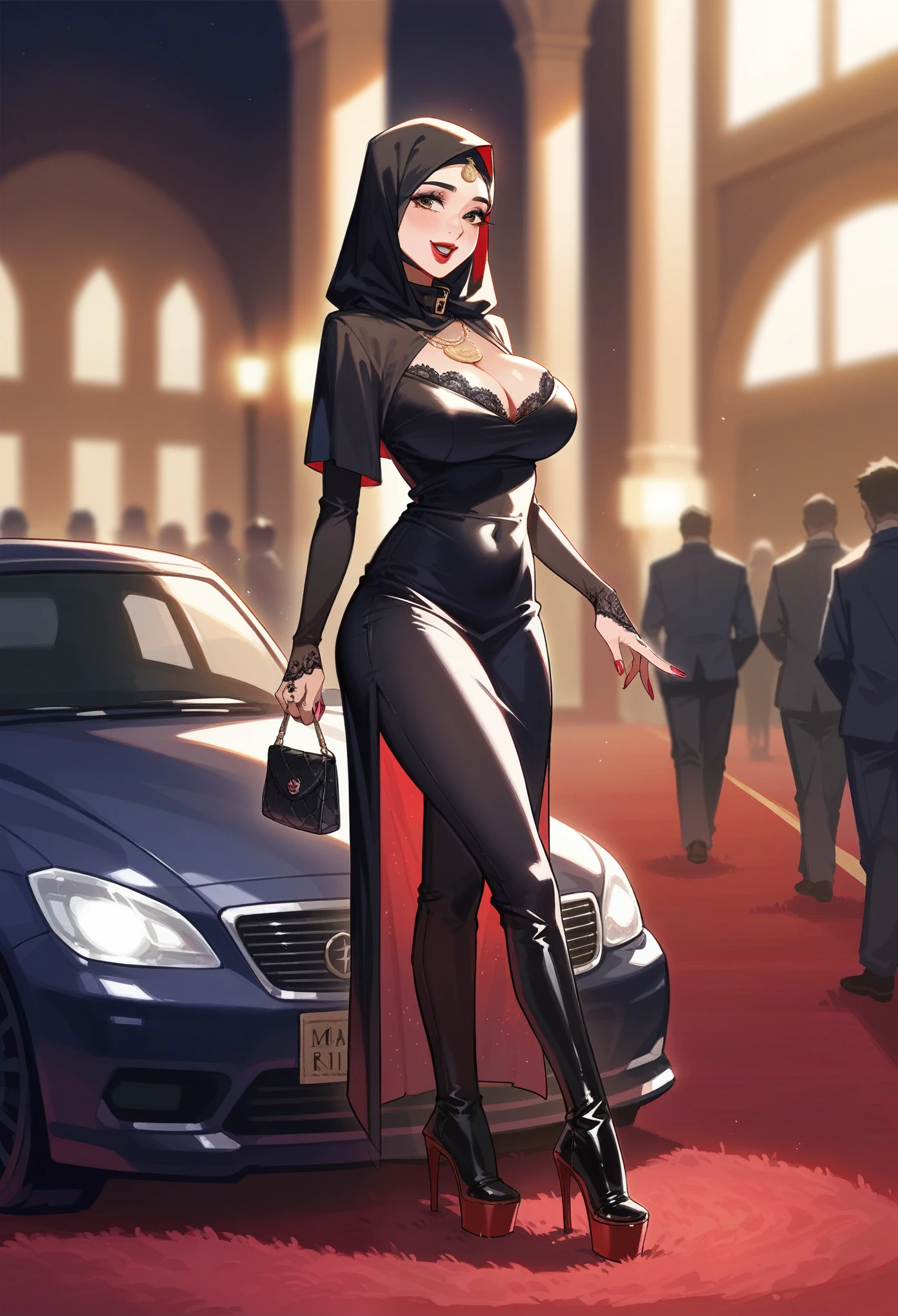 An arabic woman, milf, with big natural breasts, big rounded ass, wide mouth, wear silk hijab, shiny pink mini dress, 7 inch high heel boots, collar jewelry, lace gloves, make-up, lipstick, polished nails,، body tattoos, standing in front of a night club, in red carpet, a nice car in the background, holding a luxury shiny purse in her hand, cleavage, dramatic lighting, smiling