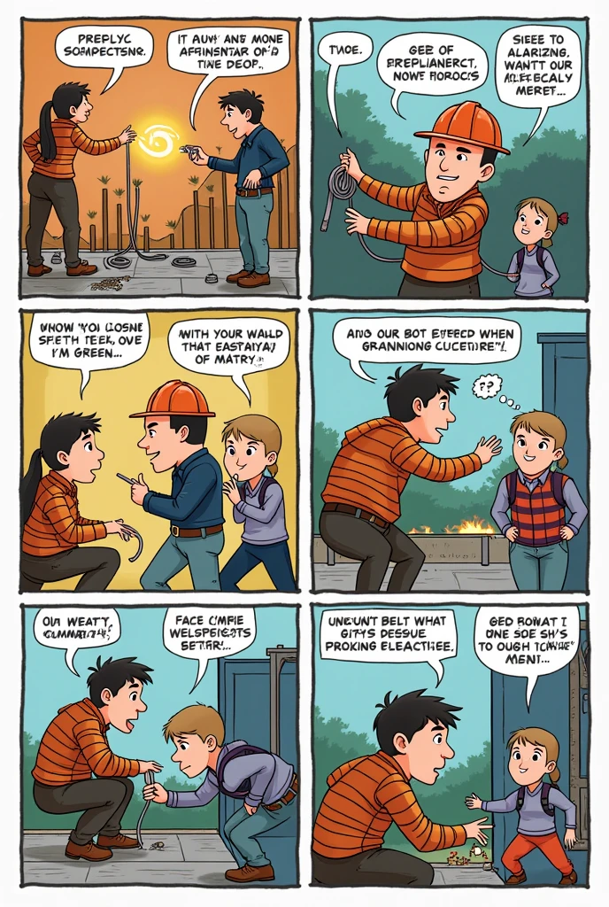 6 vignettes from a comic that talk about the precautions we must take regarding electrical energy.
caricature