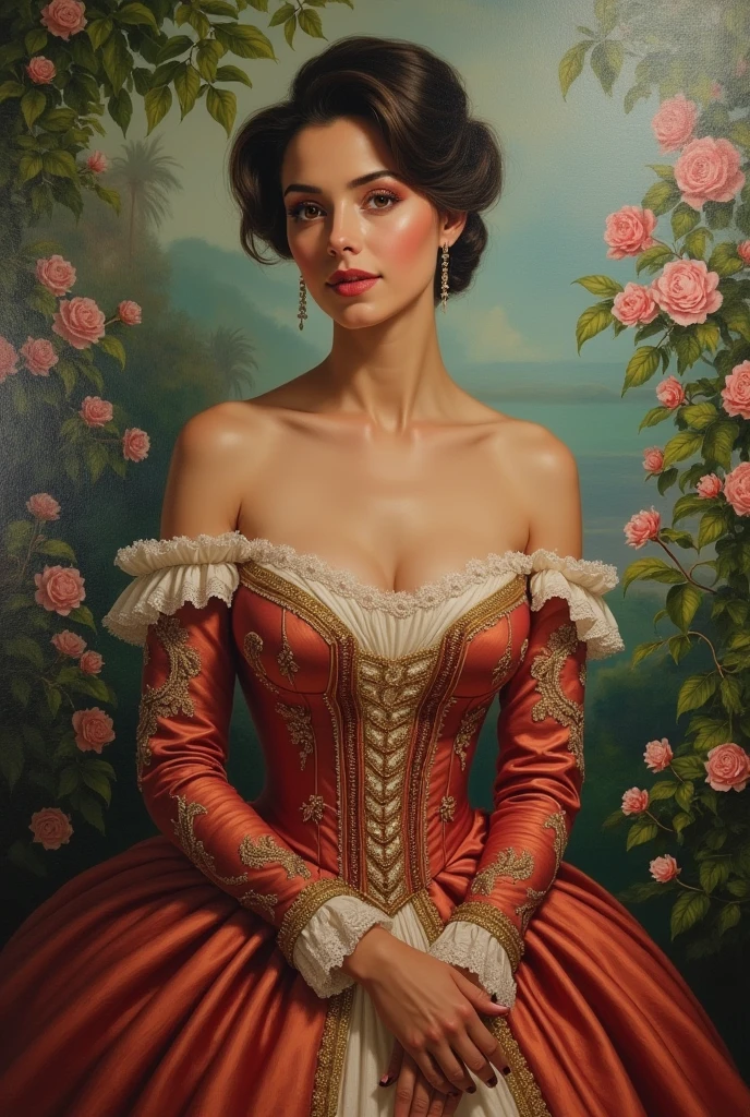 Oil painting of a Beautiful latina woman perfect body short brunette hair,  dressed in elegant victorian era 19th century American colorful conservative formal studio lighting,  beautiful outdoor paradise background 