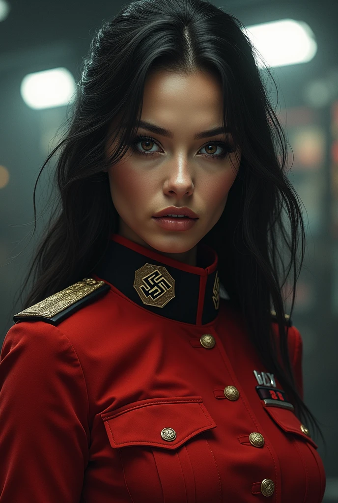 (masterpiece:1.2, Highest quality), 1 female, night, alone, photoRealistic, sf映画, sf, sf, war, Upper Body, Small breasts, Focus on the face, Realistic, Pastel drawing, Powerful, intellectual, Sensual, fine grain (Intimidating look, Brown eyes) More information, Long black hair, The best CG, (wearing German red 2 world war general uniform), military, Area Force, militaryの偉大さ,
