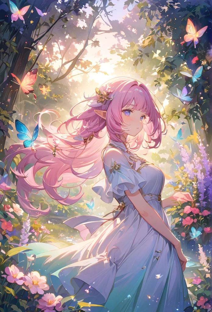 Elysia,(best quality, ultra-detailed) exquisite facial features (long eyelashes, detailed eyes, detailed lips), wearing a simple white dress, standing gracefully in a vibrant garden. The garden is filled with lush greenery, blooming flowers, and colorful butterflies. The sunlight filters through the trees, casting a soft, warm glow on the girl's porcelain-like skin. The atmosphere is dreamlike and ethereal, with a touch of magic. The color palette is soft and delicate, with pastel hues of pink, lavender, and mint green dominating the scene. The overall image is of high resolution, with intricate details capturing every delicate feature of the girl and the garden. The art style is a fusion of traditional painting techniques and digital rendering, resulting in a unique and mesmerizing visual aesthetic. The lighting is soft and diffused, creating a serene and peaceful ambiance.
Pink_hair,pointed_ears
