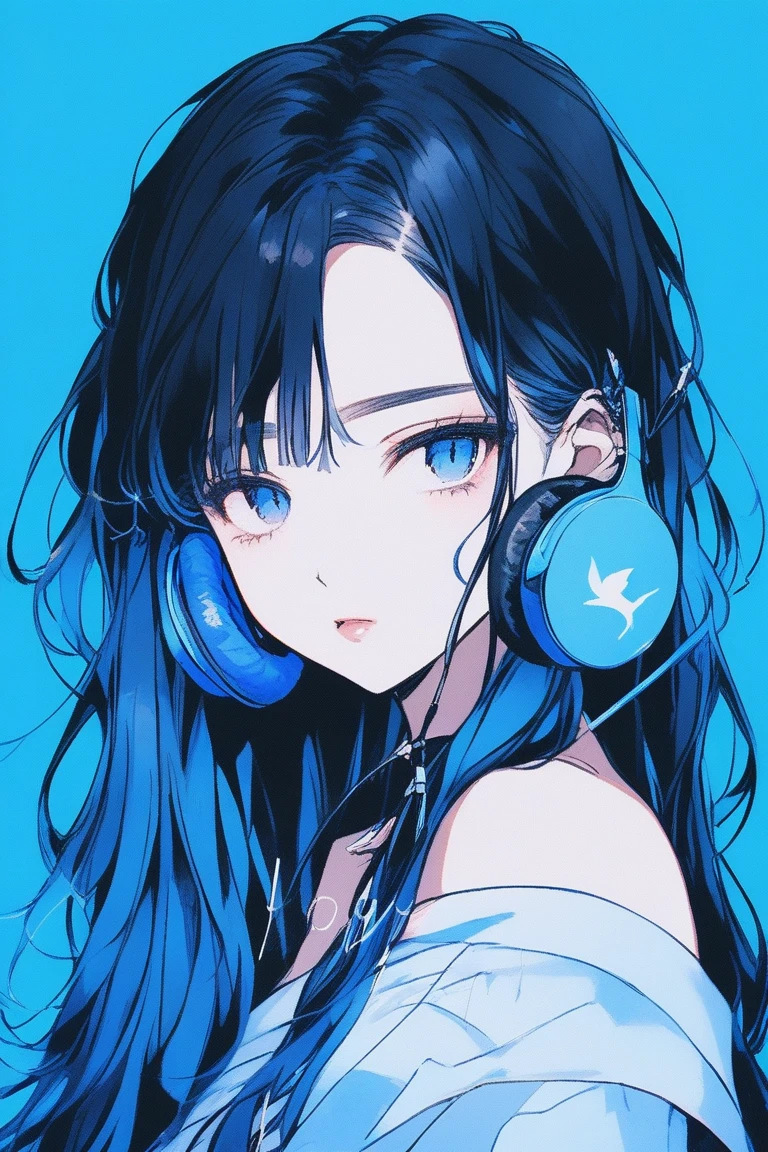 ((masterpiece,Highest quality)), 8k, anime , Realistic ,sketch, anime風のポートレート, (((黒猫を連れたanimeの女性))), 20-year-old, Blue gradient background, Off-the-shoulder knit, Neon long twin tail hair, lip, Big earrings, Wear headphones, Texture Trim, Canadian, Upper Body, (masterpiece,Highest quality)