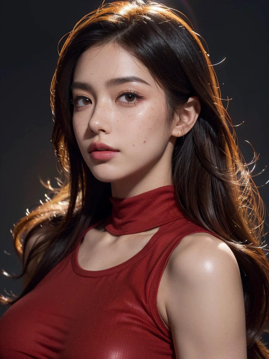 (UHD, retina, masterpiece, award-winning, accurate, anatomically correct, textured skin, super detail, high details, high quality, best quality, high res, 1080P, HD, 4K, 8k, 16k, 32k), (gorgeous supermodel, sexy pouty full lips), (beautiful detailed hazel eyes, beautiful detailed lips, extremely detailed eyes and face), studio lighting, (physically-based rendering), vivid colors, gigantic breasts, ((wearing a tight-fitting red crop top shirt)), cleavage, (Medium shot, MS, side cut, shiny side-swept hair, shiny skin, blush), (bokeh), eye reflection,, dark atmosphere, highly detailed skin texture, extreme details, perfect breast, dark tanned skin, freckles,, ultra detailed skin texture, soft lights, very dark skin,