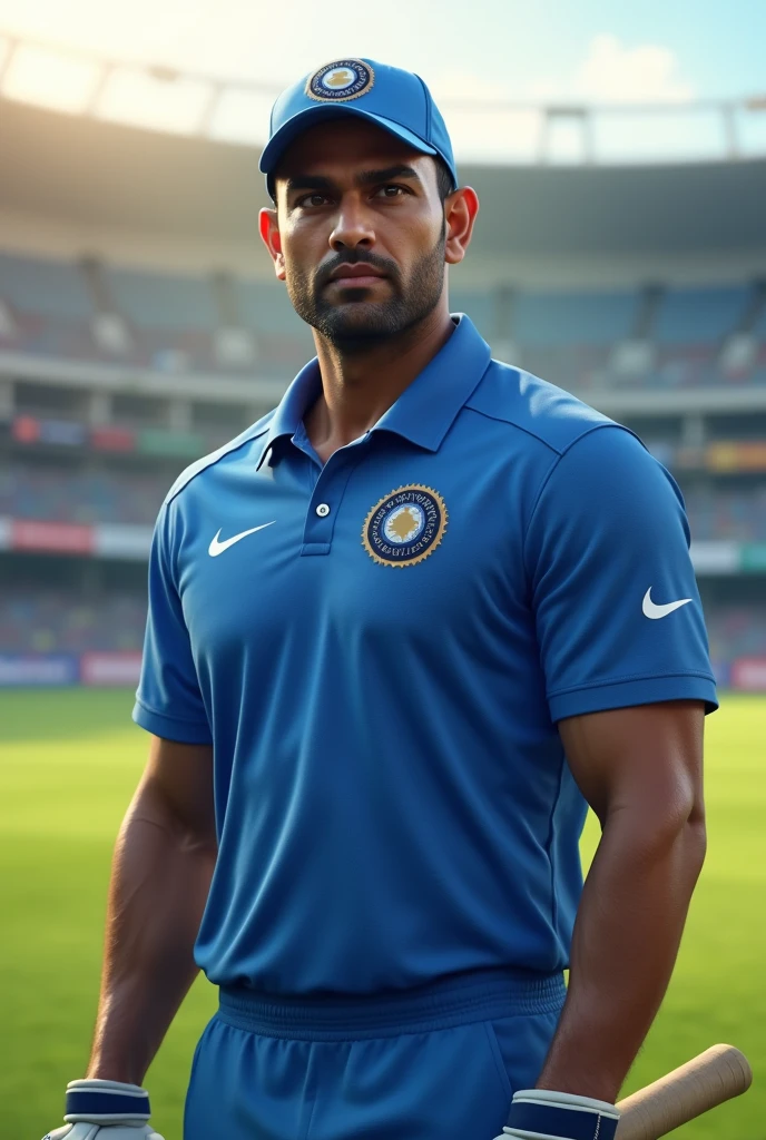 "Create a realistic image of DHONI, a well-known Indian cricketer, wearing the Indian cricket team jersey. The jersey should be in the traditional blue color associated with the Indian team. Ensure the jersey has no brand logos or text, focusing only on the design and colors. Rohit Sharma should be depicted in a confident pose, holding a cricket bat. The background should be a subtle, blurred cricket stadium during daylight."