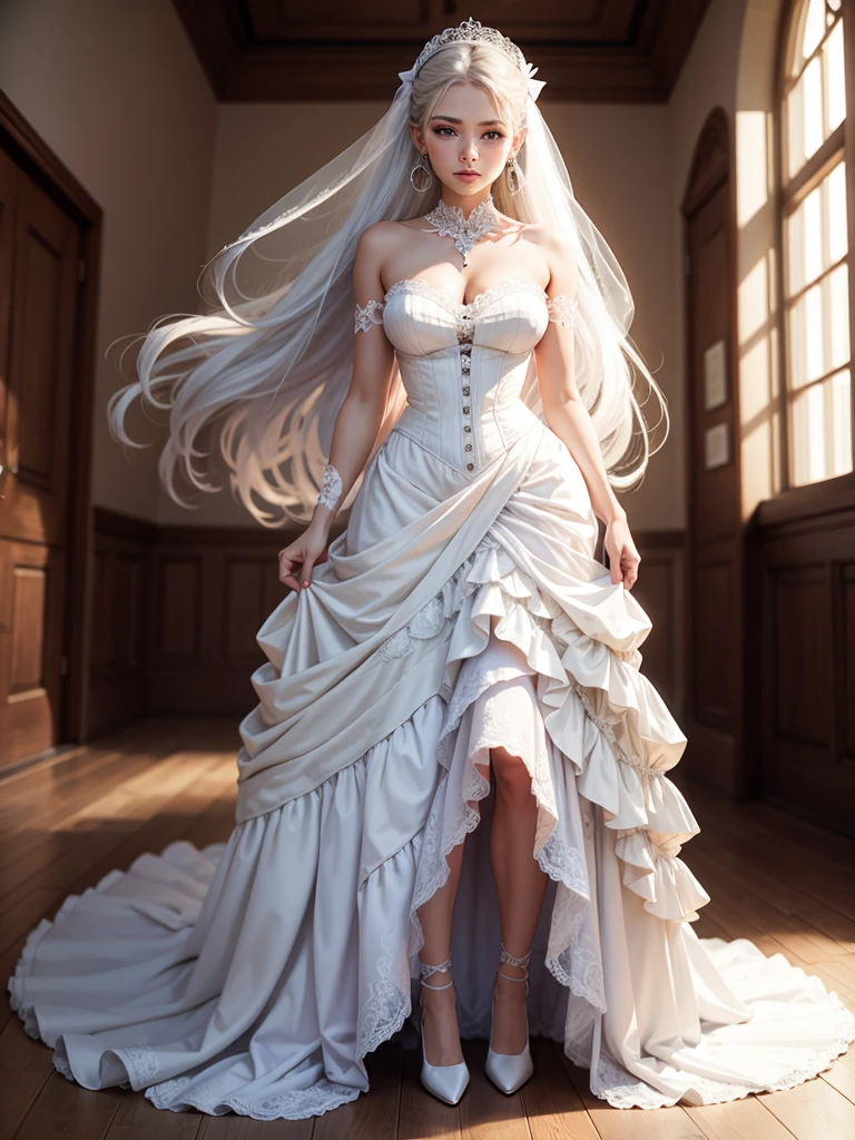 Bride, wedding dress, long dress, beautiful dress, victorian dress, dress with ribbons and bowes, high heels, blushing, teasing, blue eyes, white hair, sleeveless, stockings, earrings, neckless, ring, running, windy, long flowy hair, breasts, 1girl, Solo, High Resolution, masterpiece, lace, luxurious bedroom, bed, kneeling