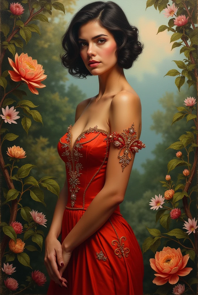 Oil painting of a Beautiful latina woman perfect body short brunette hair, dressed in elegant victorian era 19th century American colorful conservative formal studio lighting, beautiful outdoor paradise background
