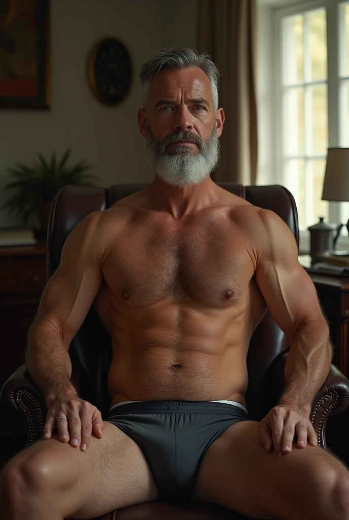 Create a middle-aged man with a beard, He is in a rather simple but elegant office while all that illuminates him is natural light coming through a large window that is not seen, He is in front of a rather simple but elegant writing.
He looks noble but authoritative but all that covers him is a pair of boxers that are extremely small and very tight.
He looks directly at me which makes for a provocative environment.
He is aroused