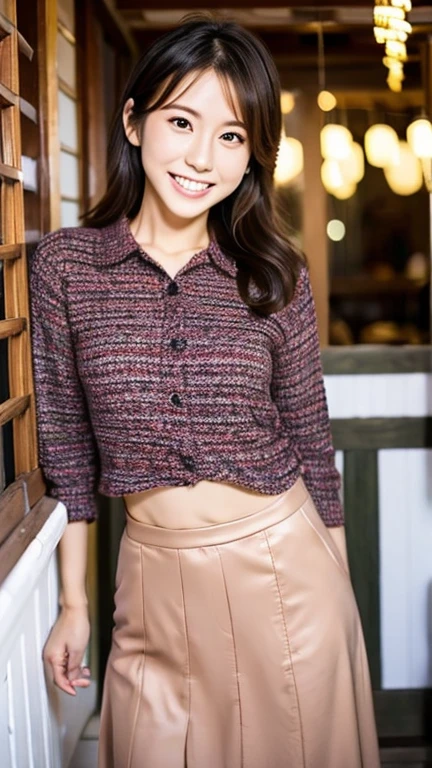 A Japanese milf, photo of one girl, Slender figure, Realistic teeth, double eyelids, smile, full-body, masterpiece, best quality, detailed, beauty, Pub,