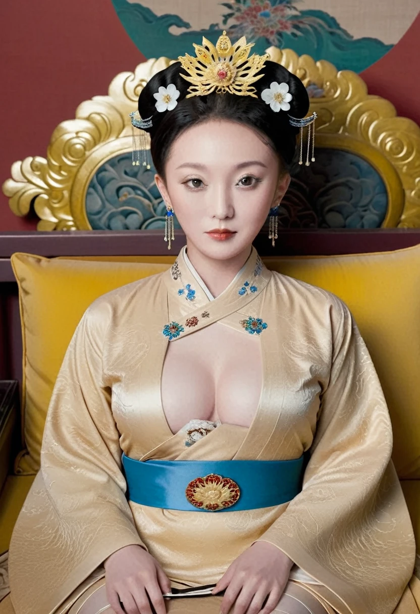 From the pre-Qing period, The Empress is naked on the gold sofa in the palace, Her eyes are wide open, Her legs were spread, big naked breasts. At the Chinese court during the Qing Dynasty, Empress of the Qing Dynasty, Empress of China, Wearing a large crown, Belly and thighs visible from below.。She is completely naked, Showing off gorgeous large flowers and hairpins, She tied her hair up and pulled it up, 背景はEmpress of the Qing Dynastyの豪華な宮殿.