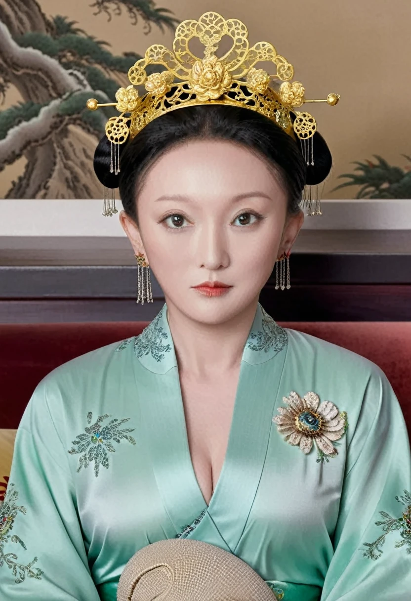 From the pre-Qing period, The Empress is naked on the gold sofa in the palace, Her eyes are wide open, Her legs were spread, big naked breasts. At the Chinese court during the Qing Dynasty, Empress of the Qing Dynasty, Empress of China, Wearing a large crown, Belly and thighs visible from below.。She is completely naked, Showing off gorgeous large flowers and hairpins, She tied her hair up and pulled it up, 背景はEmpress of the Qing Dynastyの豪華な宮殿.