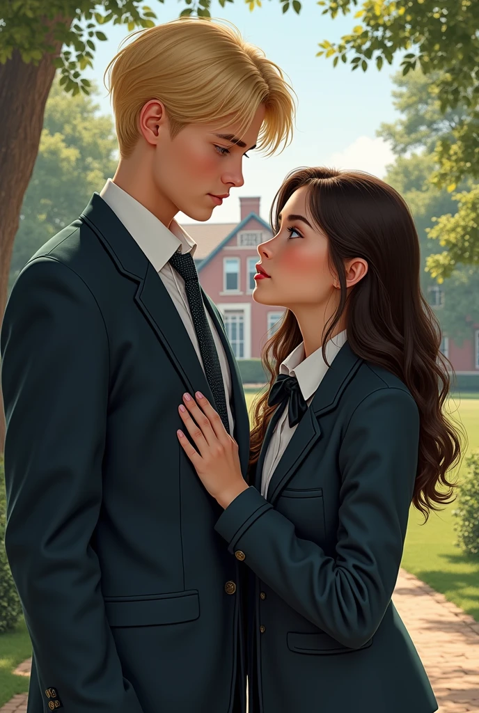 Make Lily Collins a young woman in a school uniform and a tall, blonde young man in a school uniform. 