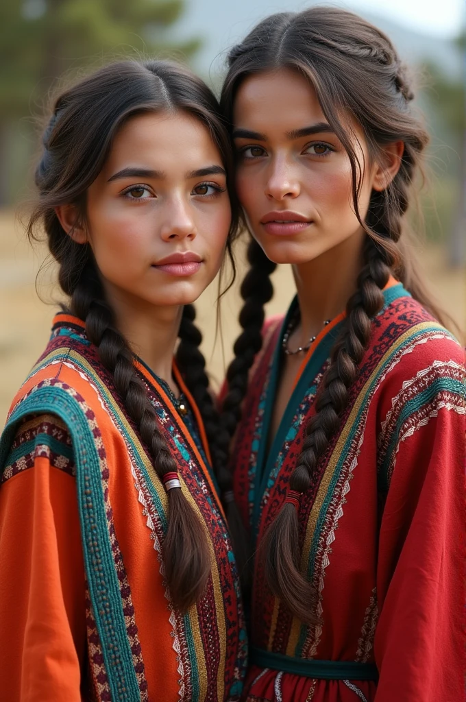 Andean couple with Andean clothing and who look like stereotypical Andeans with braids and brown hair