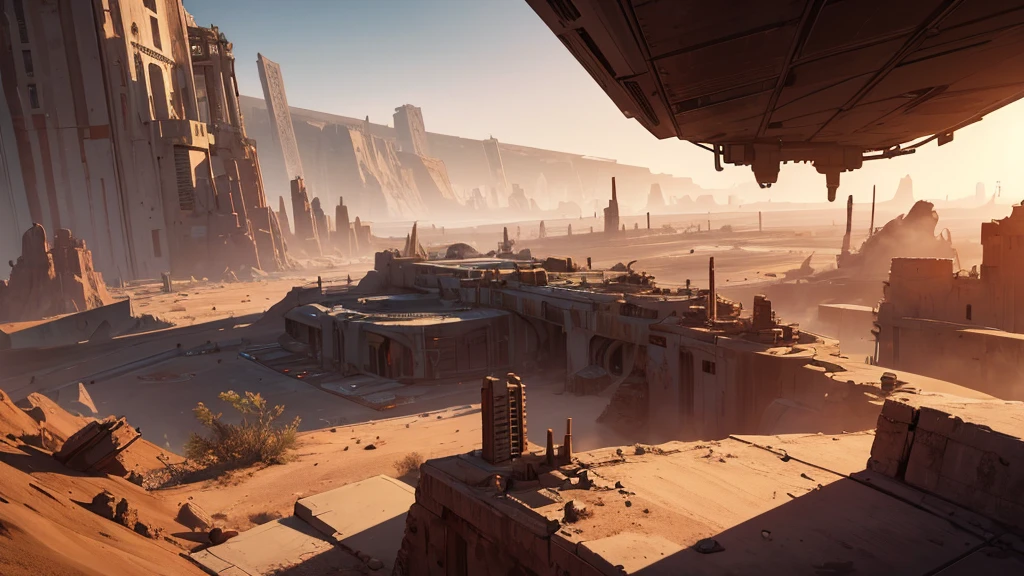 "high qualiy, best qualityer, work of art, lost bunker, futuristic base, view from above, desert, Surface of Venus, metal structures, ruins, dust, rockery, reddish sky, futuristic details, arid atmosphere, Tabletop RPG perspective"

