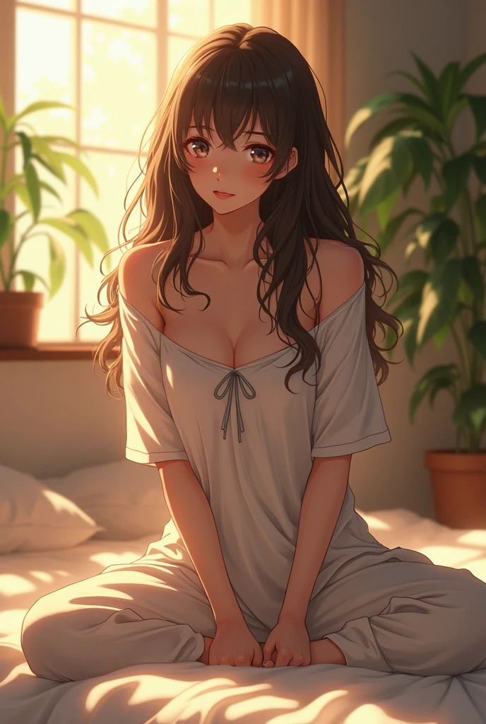 (photorealism:1.2), beautiful woman anime, sitting on bed, wearing loose off-shoulder top, pajama pants, long curly hair, indoors, soft lighting, plants in background, window with sunlight, cozy room, relaxed pose, realistic, intricate details, warm colors, by Greg Rutkowski, by Alphonse Mucha