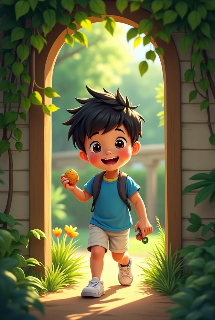 a boy with black hair, black eyes, wearing a blue shirt and white shorts and white sneakers with a toy in his hand, coming home, coming out of the small door between the trees in the yard with a shiny stone in his hand, smiling.