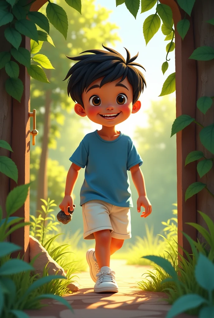 a boy with black hair, black eyes, wearing a blue shirt and white shorts and white sneakers with a toy in his hand, coming home, coming out of the small door between the trees in the yard with a shiny stone in his hand, smiling.