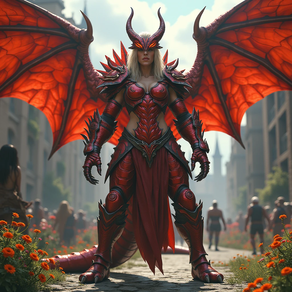 masterpiece, Photorealistic raw medieval city background with high quality details, Best Quality, volumetric lighting, volumetric shadows (1 woman) in fiery red with dragon scale armor, muscled body, (hull), Monster Form, claws, dragon wings, Reflective armor, with multicolored flowers
