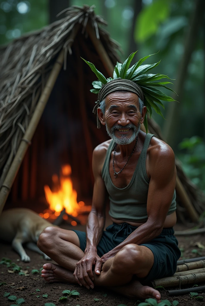 ( photo realism 1.2) photo realistic high detailed old native male smile sitting on simple  bamboo hut with dog sleeping under the hut  morning mode with campfire cinematic Malaysia forest cinematic view  some effect dark mode night no shirt leaves craft on head wearing singlet 
