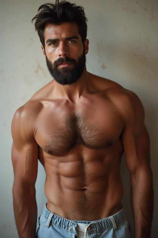 Masterpiece、Highest quality、Super fine、Fine、High resolution、Detailed face、Detailed eyes、Detailed lips、Detailed muscles、Abdominal muscles、Pectoral muscle、Realistic、A man with thick chest and abdominal hair、Hairy