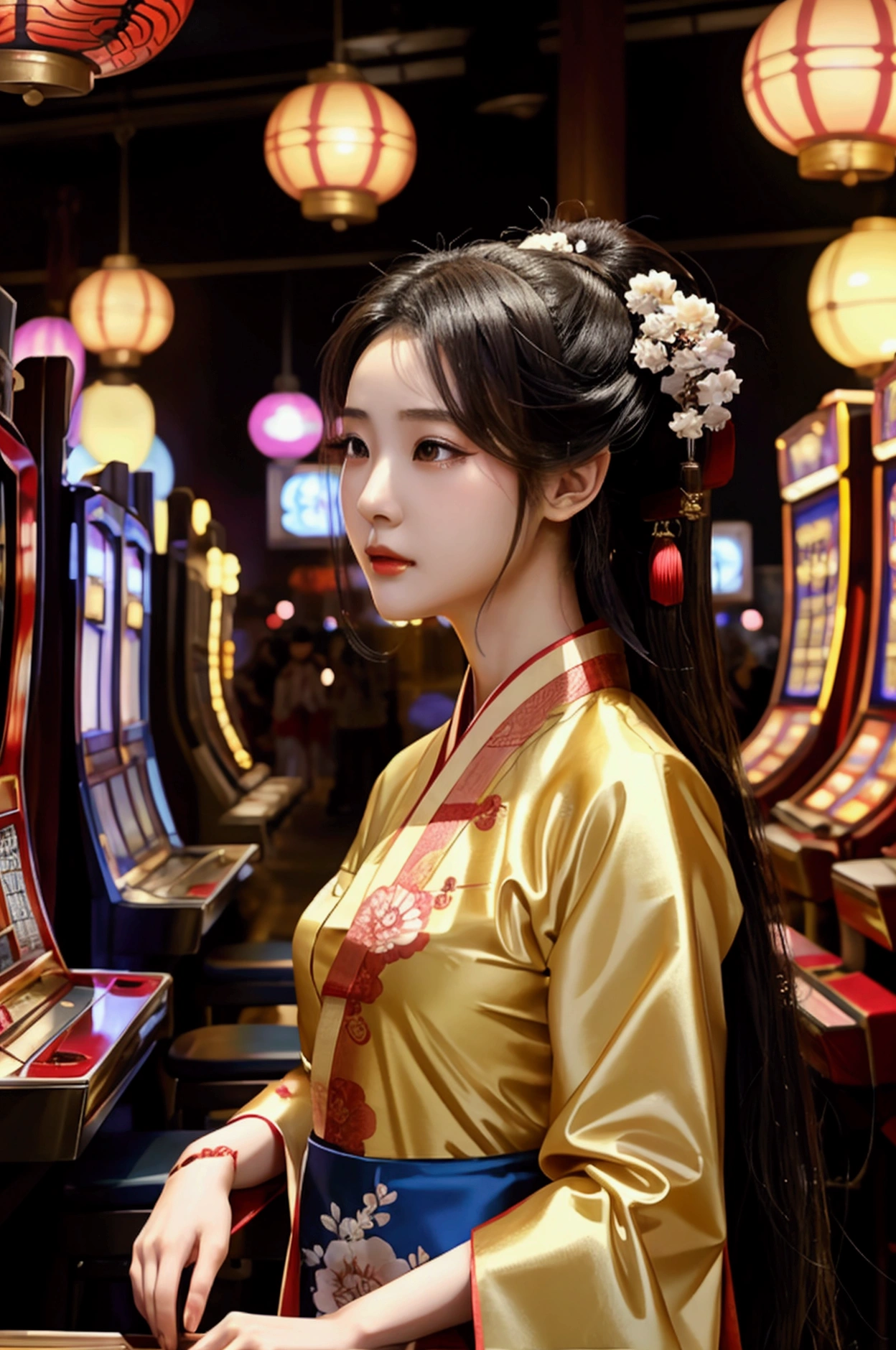 masterpiece, 
portrait of two girls,stroking,smoking, reveals translucent cheongsam,embroidery pattern,in 19th century gambling casino,sitting together on the roulette table,neons,